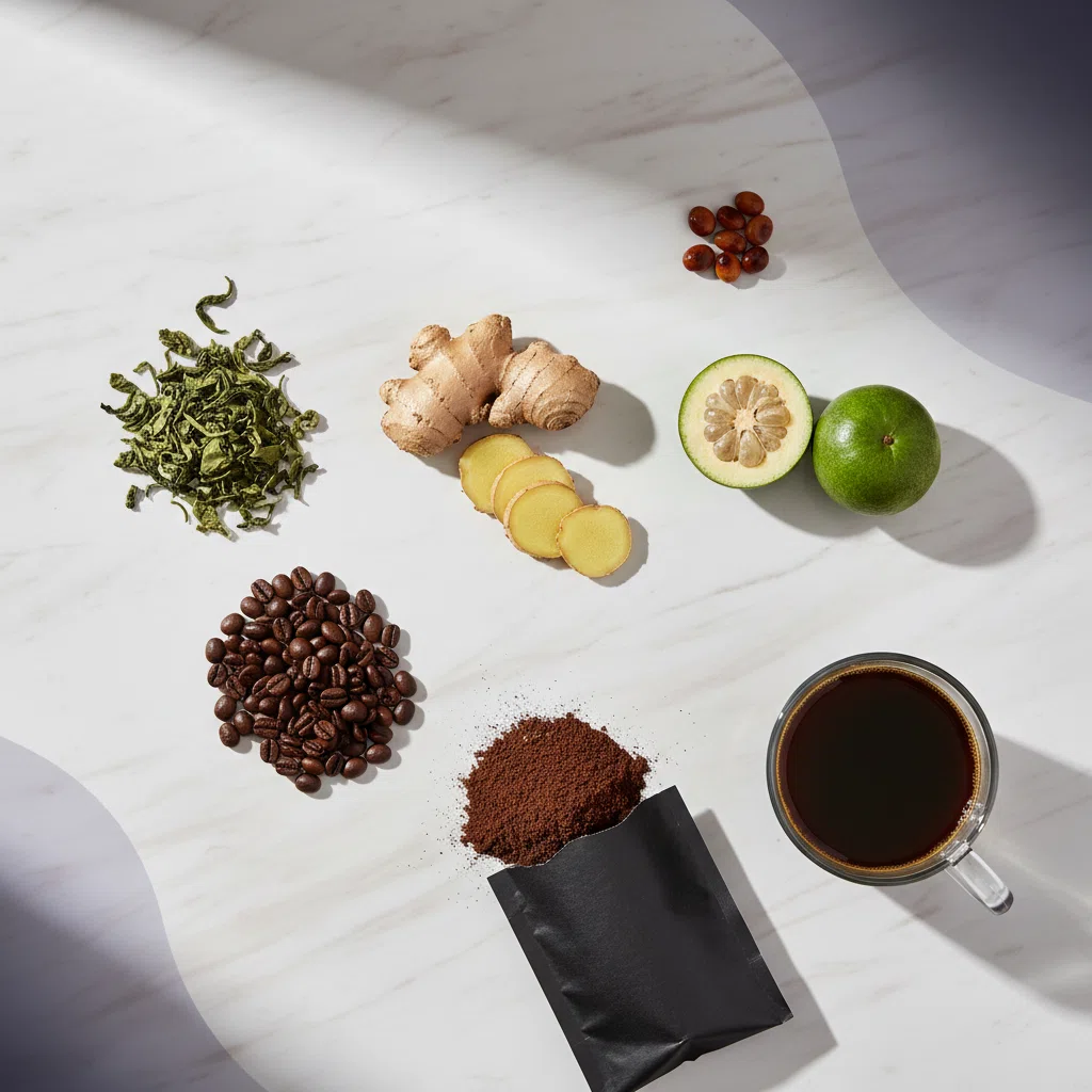 Botanical ingredients - green tea, guarana seeds and ginger root