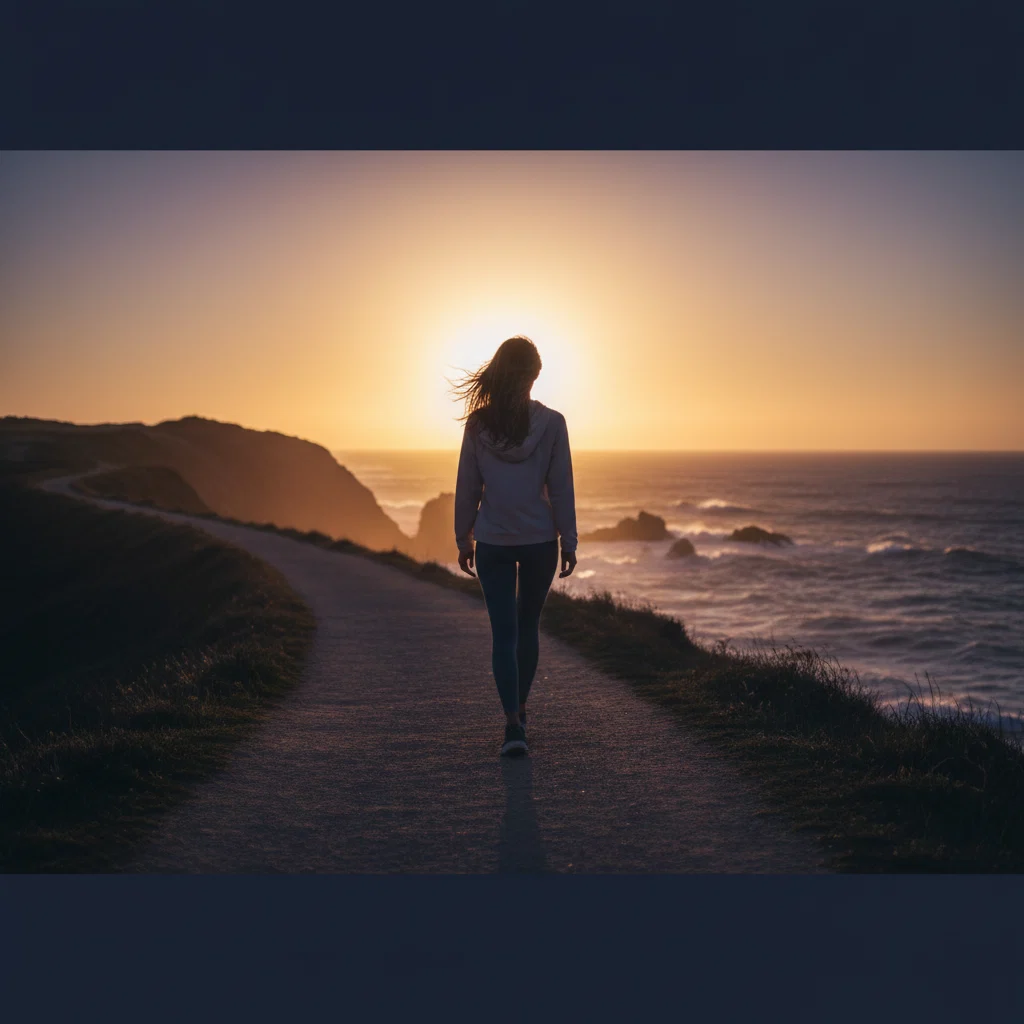 Anonymous silhouette walking along a coastal path at golden hour - active lifestyle